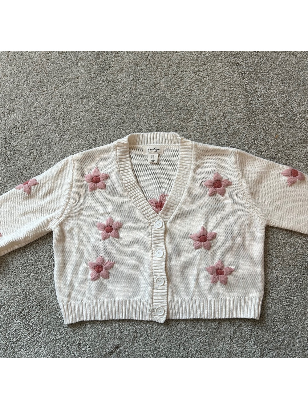 Jessica Simpson White Cropped Cardigan with Pink Floral Embroidery Size XL